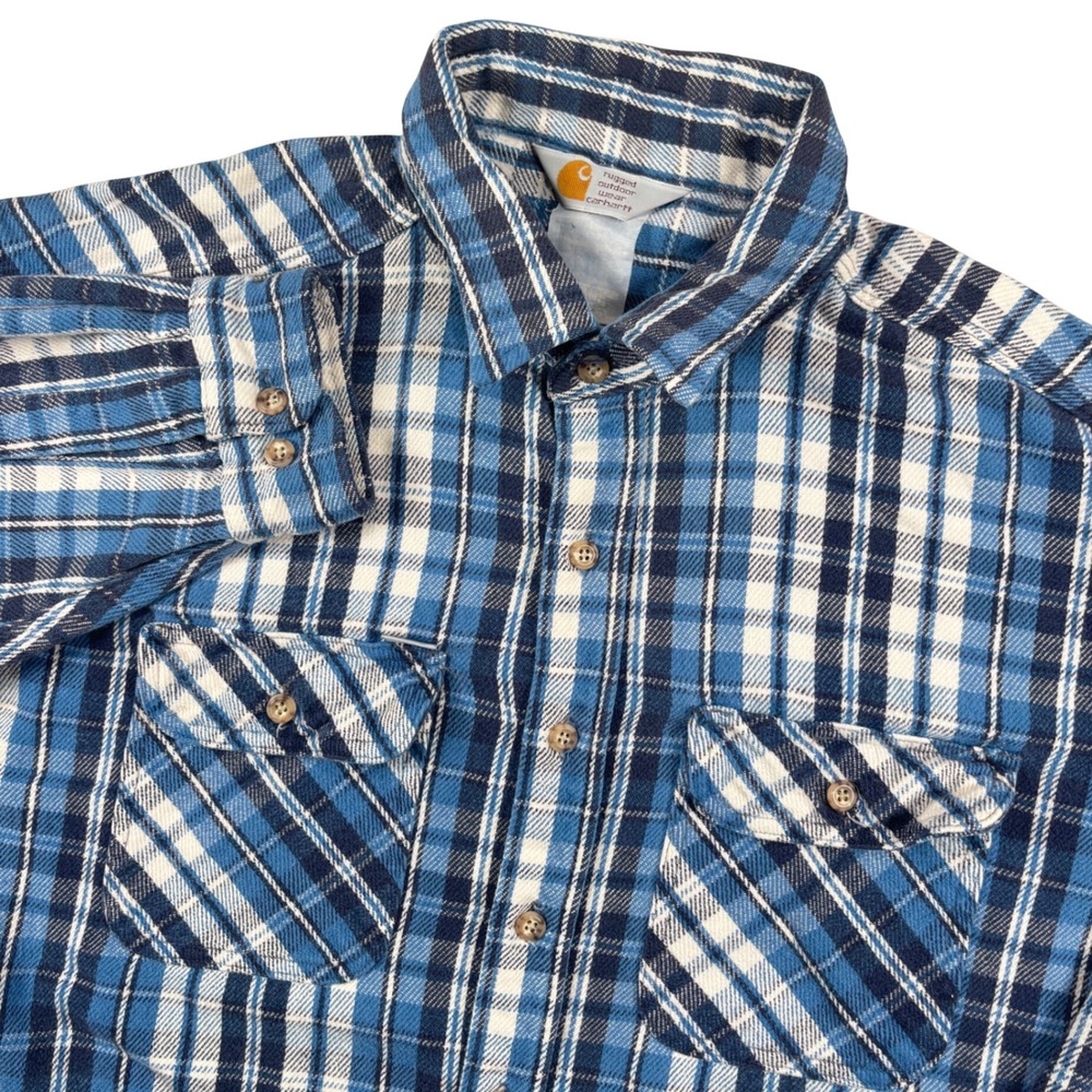 Vintage Carhartt Flannel Shirt Mens L Blue Plaid Rugged Long Sleeve Button